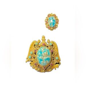 FLORENZA Vintage Goldtone and Faux Turquoise Cabochon Brooch and  Earring